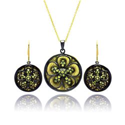 Sterling Silver Black Rhodium Gold Plated Flower CZ Dangling Stud Earring & Necklace Set sts00375