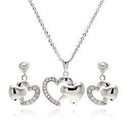 Rhodium Plated Brass Open & Solid Heart Clear CZ Dangling Stud Earring & Necklace Set bbs00027