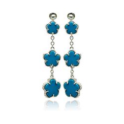 Sterling Silver Rhodium Plated Graduated Torquoise Flower CZ Wire Dangling Stud Earring bge00195