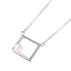 Sterling Silver Rhodium Plated Open Square Pearl Necklace STP01491