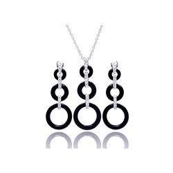 Sterling Silver Rhodium Plated Open Graduated Circle CZ Black Onyx Dangling Stud Earring & Necklace 