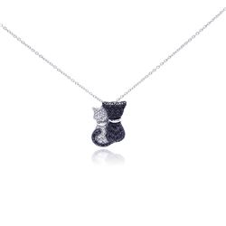 Sterling Silver Rhodium & Black Rhodium Plated Clear & Black CZ Kitty Pair Pendant Necklace stp01049