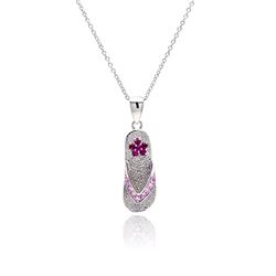 Sterling Silver Rhodium Plated Violet & Purple Flower CZ Dangling Sandale Necklace stp00366