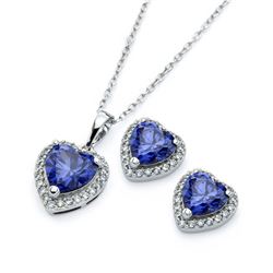 Sterling Silver Rhodium Plated Clear Cluster Blue Heart CZ Stud Earring & Necklace Set bgs00398