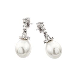 Sterling Silver Rhodioum Plated CZ Hanging Pearl Stud Earring BGE00423