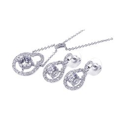 Sterling Silver Rhodium Plated Round Circle Open Clear Center CZ Dangling Stud Earring & Dangling Ne