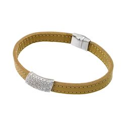 Sterling Silver Rhodium Plated Clear Micro Pave CZ Leather Bracelet ECB002RH