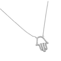 Sterling Silver Rhodium Plated Clear CZ Hamsa Pendant Necklace stp01379rh