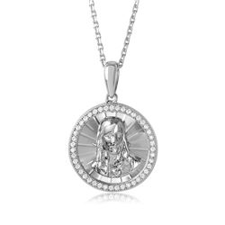 Sterling Silver Rhodium Plated Diamond Cut CZ Jesus Medallion With Chain - GMP00002RH