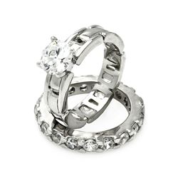 Rhodium Plated Brass Clear Round CZ Bridal Engagement Ring Set bbr00088
