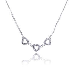 Sterling Silver Clear CZ Rhodium Plated 3Hearts Pendant Necklace stp00245