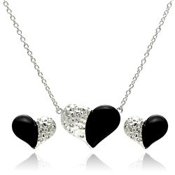 Sterling Silver Rhodium Plated Black Onyx Clear Heart CZ Stud Earring & Necklace Set bgs00232