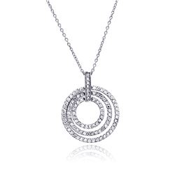 Sterling Silver Clear CZ Rhodium Plated 3 Rows Circle Pendant Necklace stp00001