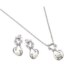 Sterling Silver Rhodium Plated Open Heart CZ Center Pearl Dangling Stud Earring & Necklace Set STS00