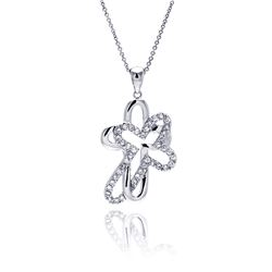 Sterling Silver Clear CZ Rhodium Plated Double Cross Pendant Necklace stp00008