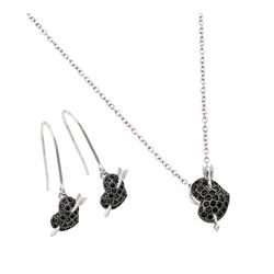 Sterling Silver Rhodium & Black Rhodium Plated Black Heart Arrow CZ Hook Earring & Necklace Set BGS0