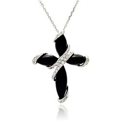 Sterling Silver Rhodium Plated Black Onyx Cross CZ Necklace bgp00488