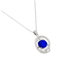 Sterling Silver Rhodium Plated Blue CZ Circle Pendant BGP00722