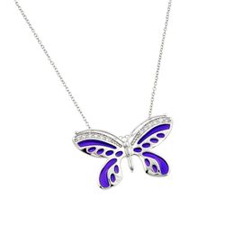 Sterling Silver Rhodium Plated Purple Enamel Butterfly Clear CZ Inlay Necklace bgp00811