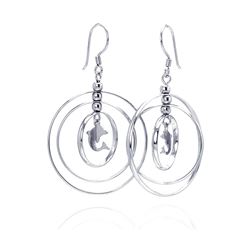 Sterling Silver Rhodium Plated Open Graduated Cirlce Center Dolphin Dangling Hook Earrings dse00067