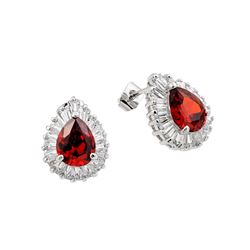 Sterling Silver Rhodium Plated Teardrop Red & Clear Pave Baguette CZ Stud Earring bge00335