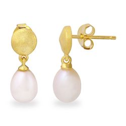 Sterling Silver Matte Finish Gold Plated Disc With Hanging Fresh Water Pearl Earrings - BGE00483