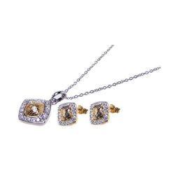Sterling Silver Gold & Rhodium Plated Square CZ Inlay Stud Earring & Necklace Set sts00079