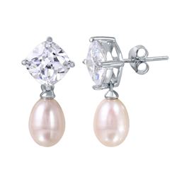 Sterling Silver Rhodium Plated Round Clear CZ Dangling Fresh Water Pearl Earrings - BGE00448CLR