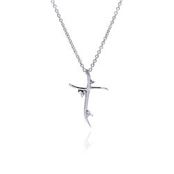 Sterling Silver Clear CZ Rhodium Plated Cross Pendant Necklace bgp00078