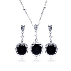 Sterling Silver Rhodium Plated Black & Clear Flower CZ Dangling Stud Earring & Dangling Necklace Set