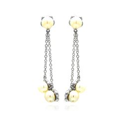 Sterling Silver Rhodium Plated Fresh Water Pearl Wire Dangling Stud Earring bge00234