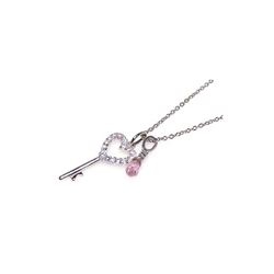 Sterling Silver Clear Pink CZ Rhodium Plated Heart Key Pendant Necklace stp00311