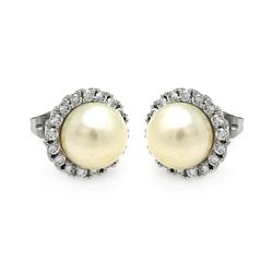 Sterling Silver Rhodioum Plated Round CZ Center Fresh Water Pearl Stud Earring - BGE00253
