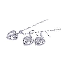 Sterling Silver Rhodium Plated Clear Heart Crest CZ Hook Earring & Dangling Necklace Set bgs00036