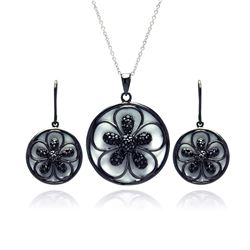 Sterling Silver Black Rhodium Plated Flower White Enamel CZ Dangling Stud Earring & Necklace Set sts
