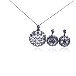 Sterling Silver Rhodium Plated Flower Round Black CZ Dangling Stud Earring & Necklace Set sts00294