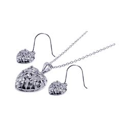 Sterling Silver Rhodium Plated Clear Heart CZ Hook Earring & Dangling Necklace Set bgs00023