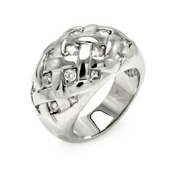 Rhodium Plated Brass Net Weave Clear CZ Ring bbr00105