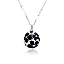 Rhodium Plated Brass Black White Enamel Flower Pendant Necklace bbp00040