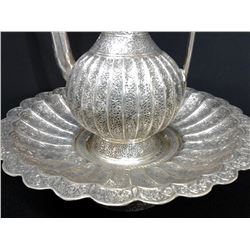 Ancient Silver Indo-Persian Water Ewer w. Basin Set 8-lbs