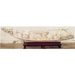 Antique Chinese Bone Carving: Scenes on River Boat on Stand 15", 5-lbs