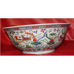 Antique XLG Chinese Red & Blue Porcelain Bowl 17x7" 12.50-lbs