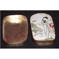 Chinese Silver & Porcelain Trinket Canister 1.5-lbs