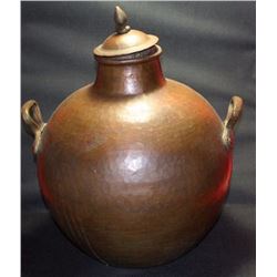 Ancient Oriental Copper Pottery Vessel w. Lid/Handles 18x16", 14-lbs