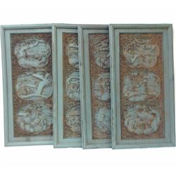 Old Chinese Wood Art w. Village Scenes 4-Panels  68", 23-lbs