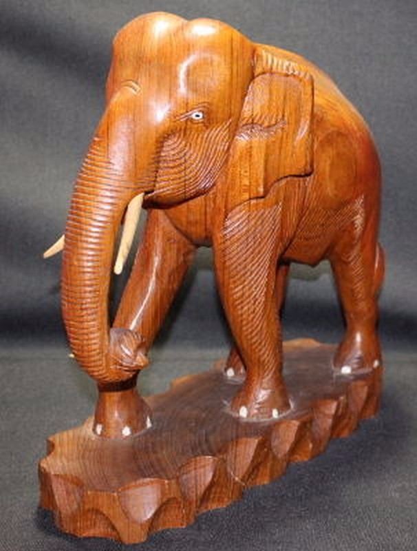 Antique Carved Thai Teak Wood Elephant w. Tusk 13x12", 6-lbs (Signed by