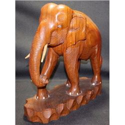 Antique Carved Thai Teak Wood Elephant w. Tusk 13x12", 6-lbs (Signed by Artist)