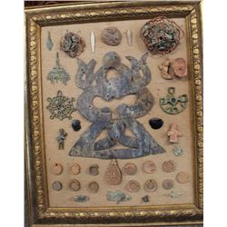 Buddhist Gravesite Artifact Collection in Gilt Frame 25x20"