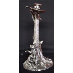 Vintage Pewter Sculpted Candlestick w. Bear Family 16x8", 6-lbs