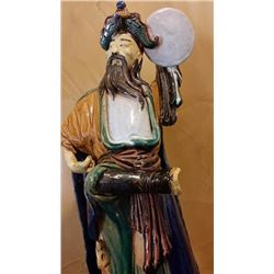 Antique Porcelain Chinese Warrior Statue on Brass Mount, 32", 8-lbs